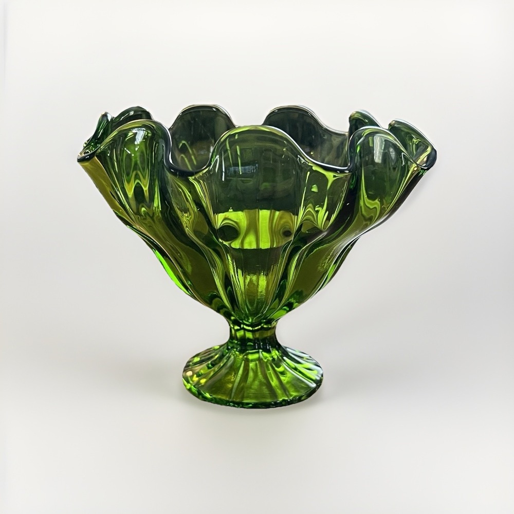 Vintage Emerald Avacodo Green Art Glass Swung Ruffled‎ Pedestal Compote Bowl MCM